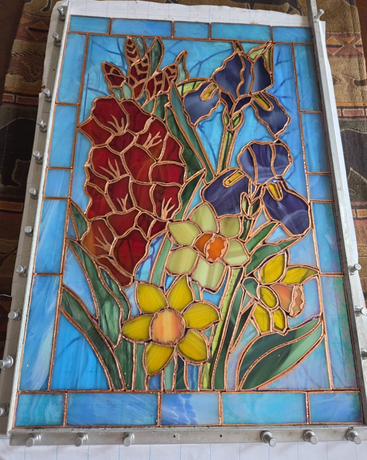 Red rose and iris stained-glass panel